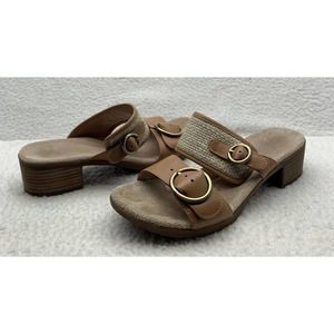 Dansko Debby Wedge Sandals Womens 39‎ Full Grain Raffia Tan Brown Leather Woven